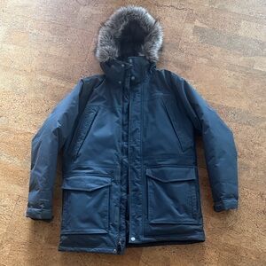 Eddie Bauer Men's Dark Blue Puffer Jacket with Faux Fur Hood